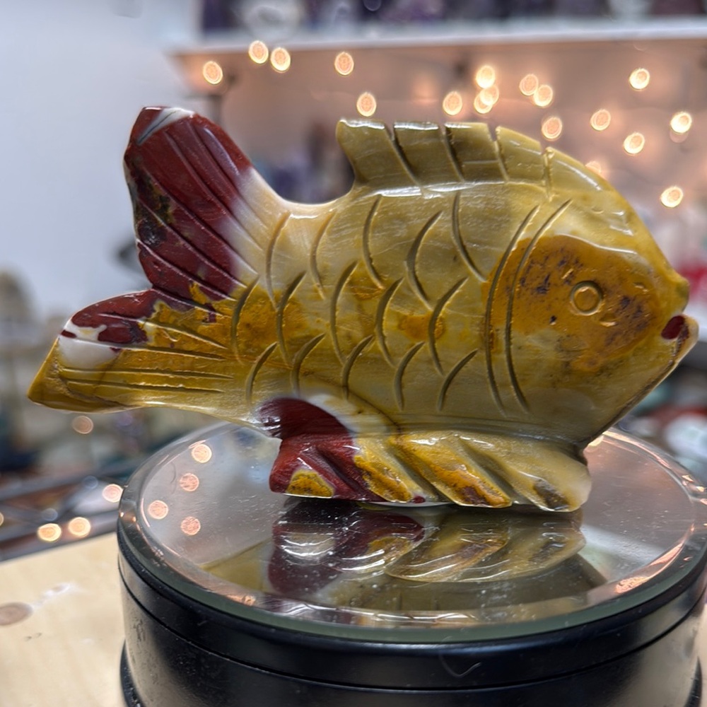 Handcarved Mookite crystal fish 4” x 3”